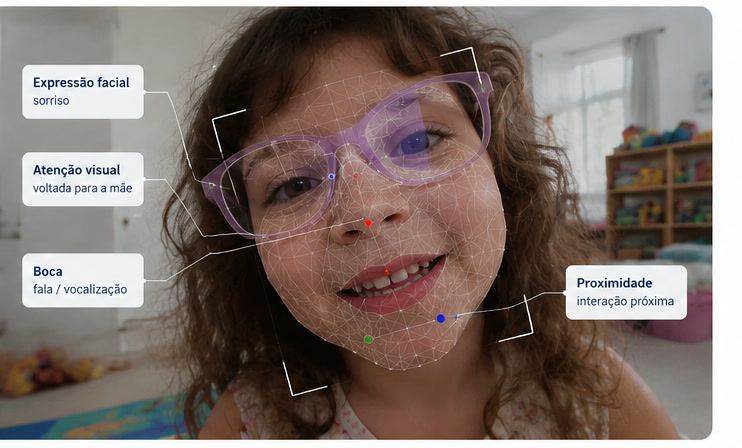 Rosto de uma criança da Coorte com marcações que ilustram a análise computacional; imagem modificada com inteligência artificial