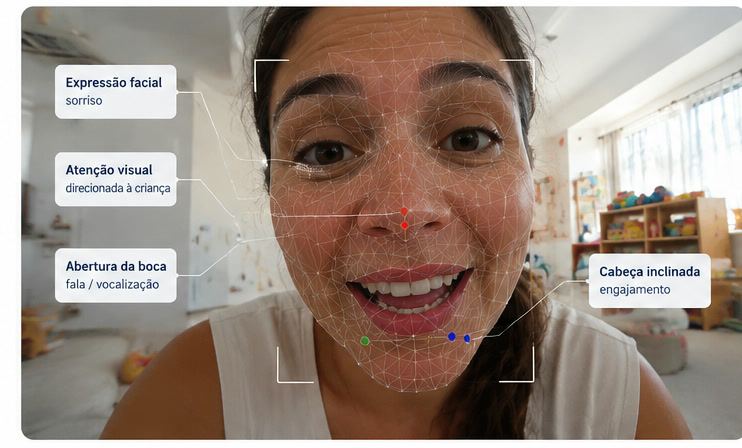Rosto de uma mãe da Coorte com marcações que ilustram a análise computacional; imagem modificada com inteligência artificial