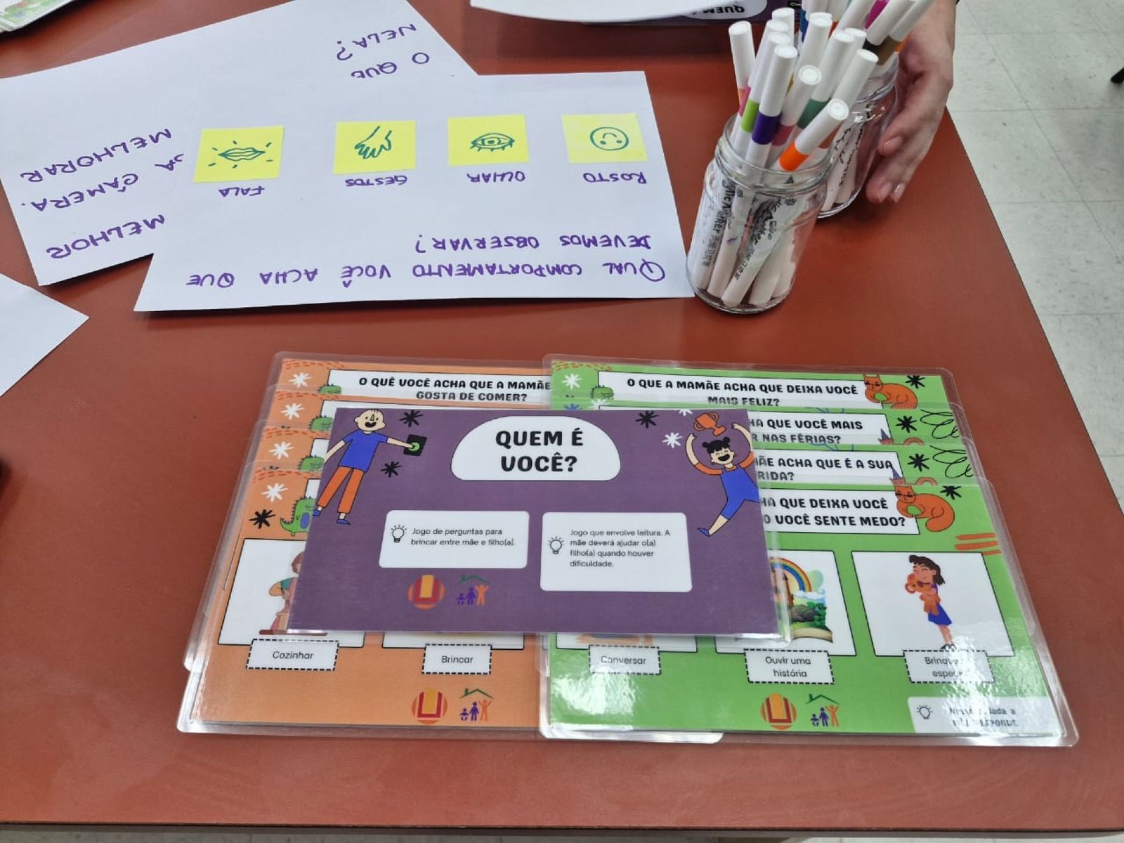 Materiais de uma oficina do GPIS: cartaz que pergunta quais comportamentos observar (rosto, olhar, gestos, fala) e cartas do jogo de perguntas “Quem é você?”.